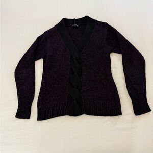 Carol Rose Purple Cable Knit Cardigan Sweater Black Trim - Size L